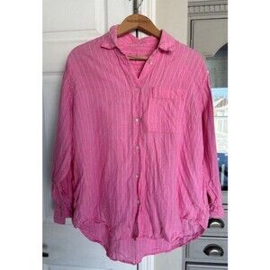 PURE LINEN Women's Size 14 Pink White Striped Button Down 100% Flax Linen ECO